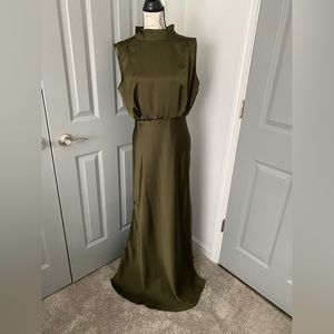 Lulus Classic Olive Satin Sleeveless Mock Neck Maxi Dress, Large